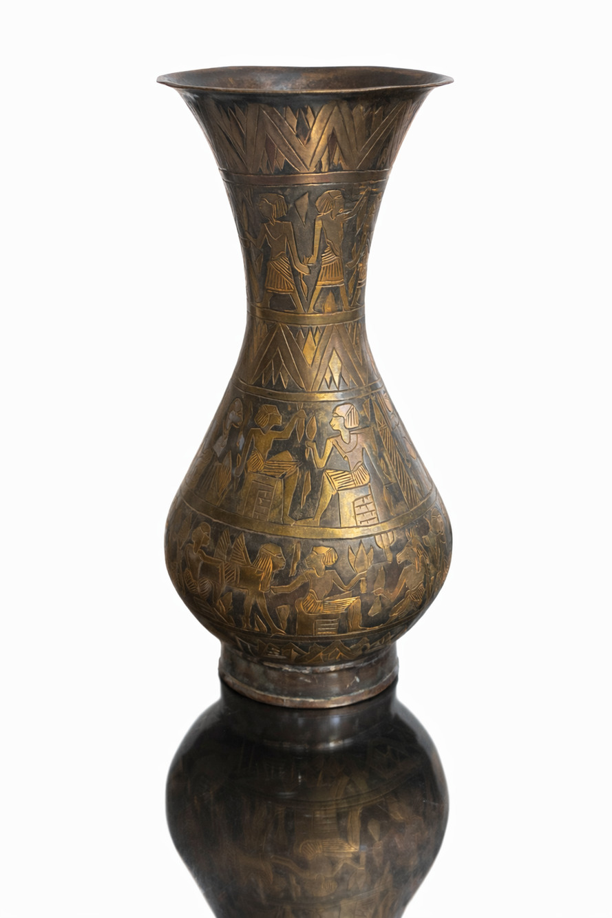 Vintage Brass Etched Egyptian Revival Vase Hieroglyphic Figural Decor Large Meta